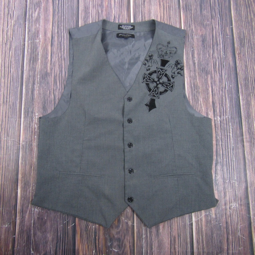 Eighty Eight Platinum Vest Mens Large Gray Biker Embroidered Button Front Twill
